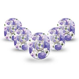ExpressionMed Italian Blooms Dexcom G7 Mini Tape, Dexcom Stelo Glucose Biosensor System, 5-Pack Tape and 5-Pack Sticker Watercolor-Like Purple Flowers Patch Continuous Glucose Monitor Design