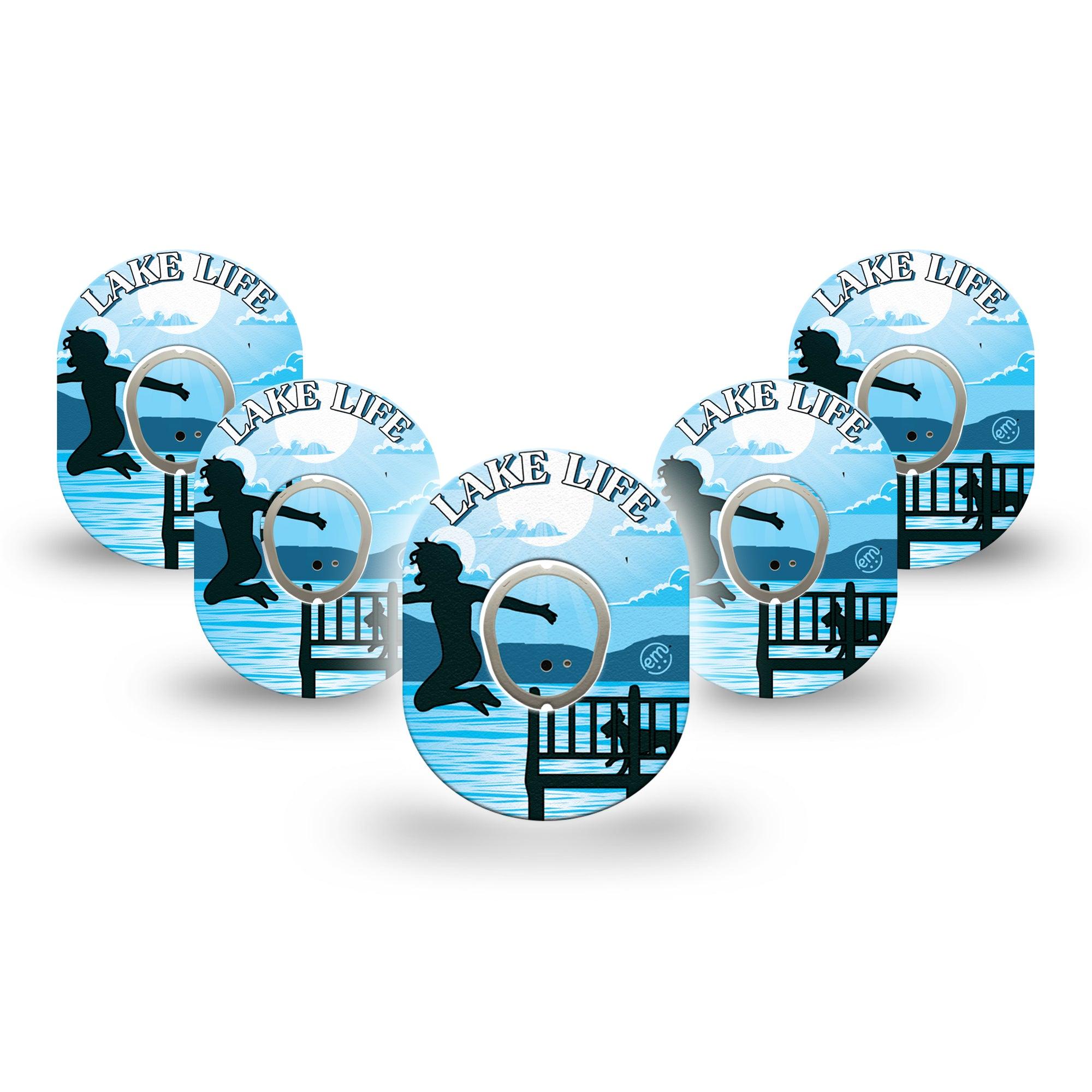 ExpressionMed Lake Life Dexcom G7 Mini Tape, Dexcom Stelo Glucose Biosensor System,  5-Pack Tape and 5-Pack Sticker Summertime Fun Swimming Patch Continuous Glucose Monitor Design