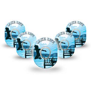 ExpressionMed Lake Life Dexcom G7 Mini Tape, Dexcom Stelo Glucose Biosensor System,  5-Pack Tape and 5-Pack Sticker Summertime Fun Swimming Patch Continuous Glucose Monitor Design