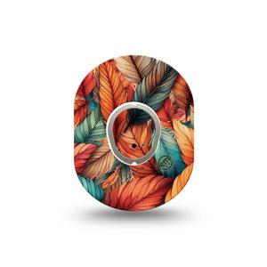 ExpressionMed Fall Leaf Feathers Dexcom G7 Mini Tape, Dexcom Stelo Glucose Biosensor System,  Single Tape and Single Sticker Bouquet of Orange Green Blue Feathers Patch Continuous Glucose Monitor Design