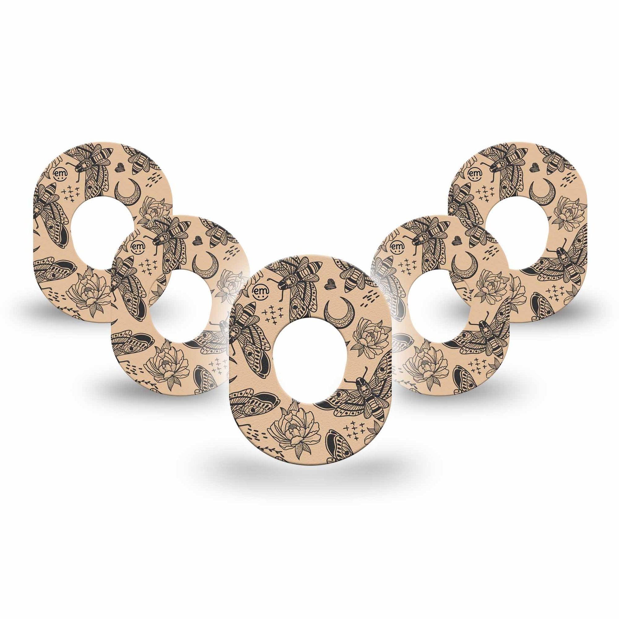 ExpressionMed Tattoo Print Dexcom G7 Mini Tape, Dexcom Stelo Glucose Biosensor System, 5-Pack Tape Beige Moth Butterfly Bug, Patch Continuous Glucose Monitor Design