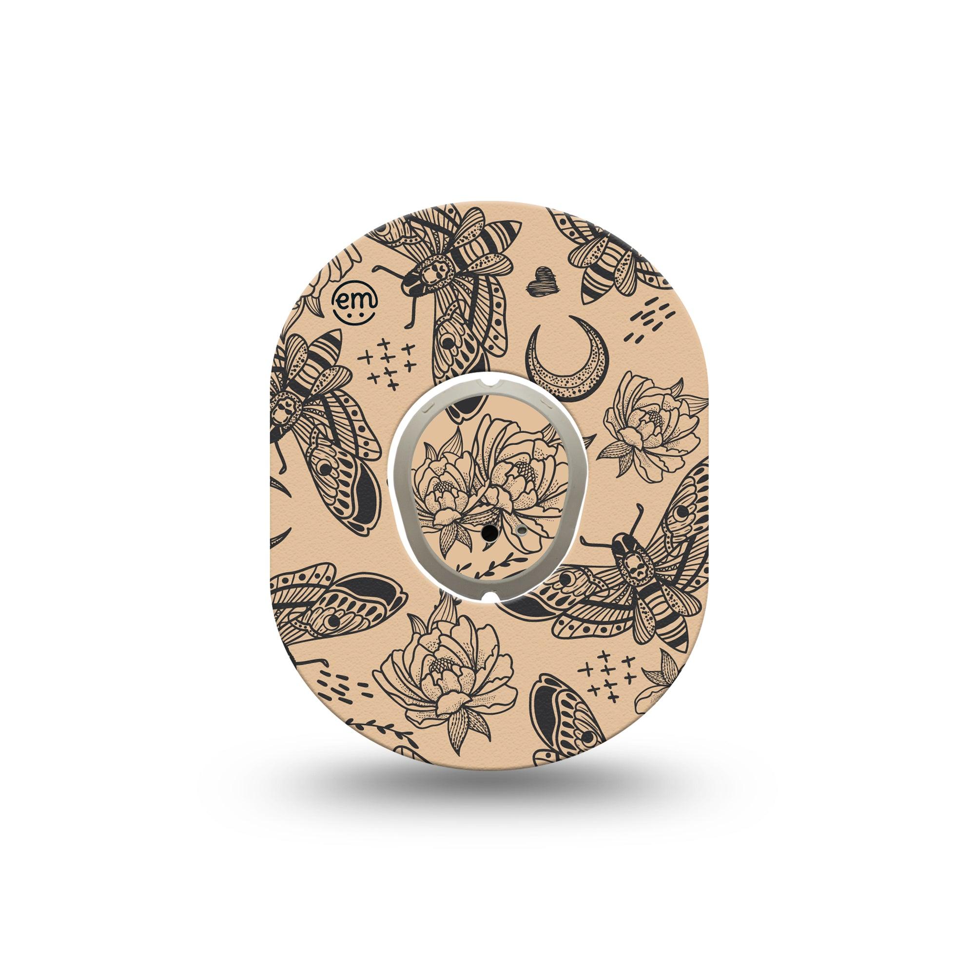 ExpressionMed Tattoo Print Dexcom G7 Mini Tape, Dexcom Stelo Glucose Biosensor System, Single Tape and Single Sticker Black Moth Tattoo Inspired, Patch Continuous Glucose Monitor Design