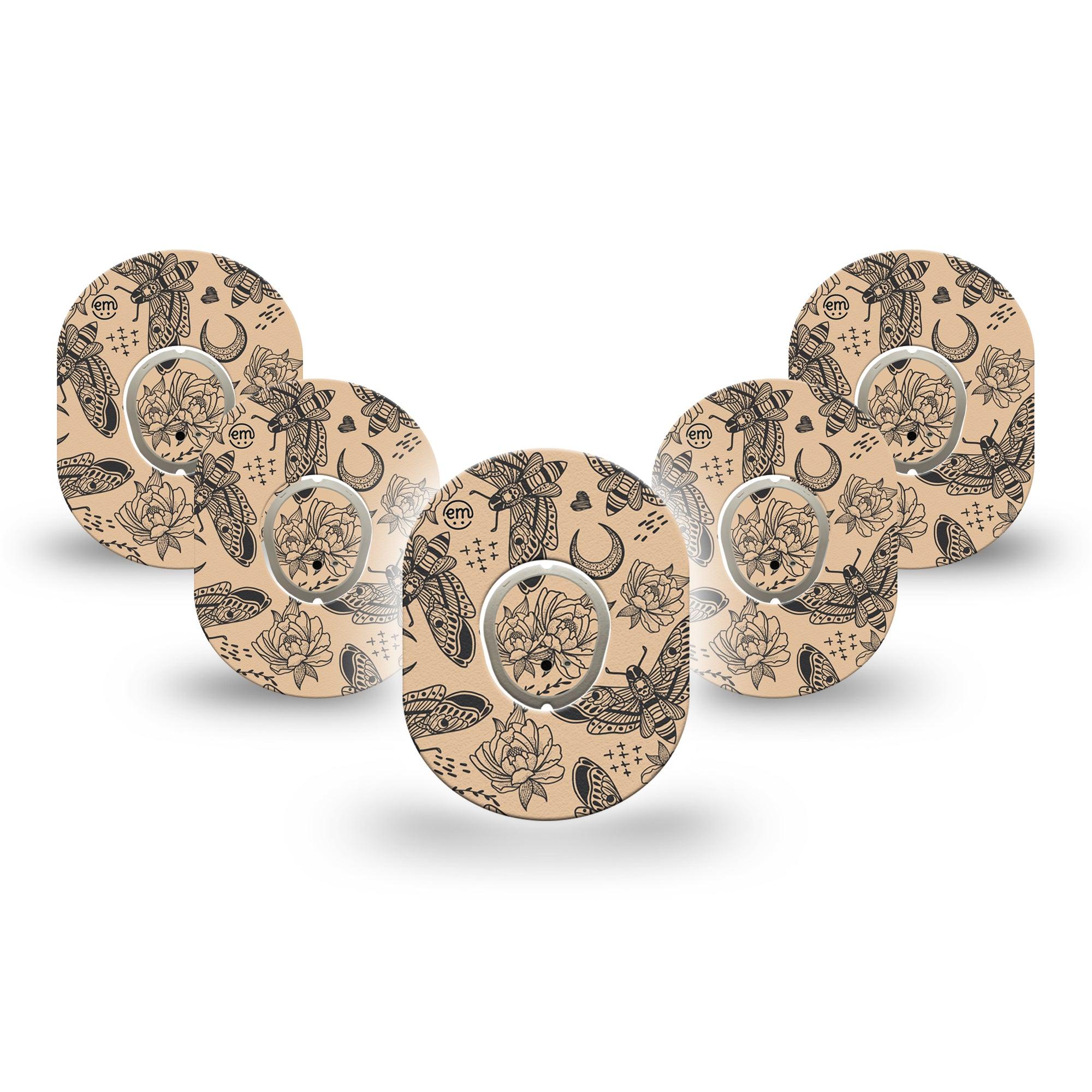 ExpressionMed Tattoo Print Dexcom G7 Mini Tape, Dexcom Stelo Glucose Biosensor System, 5-Pack Tape and 5-Pack Sticker Butterfly Moth Motif, Patch Continuous Glucose Monitor Design