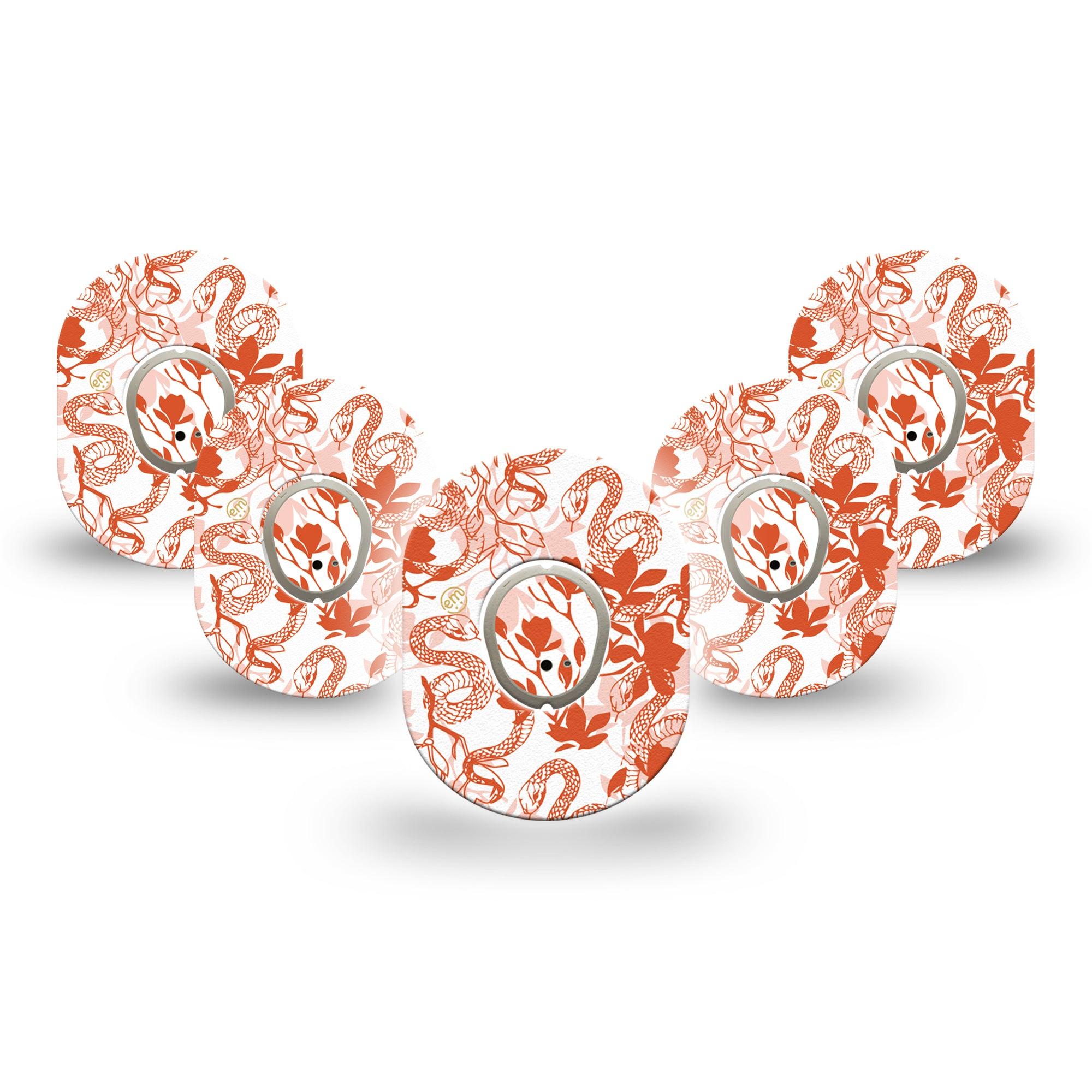 ExpressionMed Lava Coil Floral Dexcom G7 Mini Tape, Dexcom Stelo Glucose Biosensor System, 5-Pack Tape and 5-Pack Sticker Viper Snake Vine Orange Outline, Patch Continuous Glucose Monitor Design