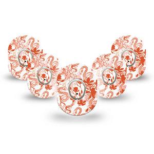 ExpressionMed Lava Coil Floral Dexcom G7 Mini Tape, Dexcom Stelo Glucose Biosensor System, 5-Pack Tape and 5-Pack Sticker Viper Snake Vine Orange Outline, Patch Continuous Glucose Monitor Design