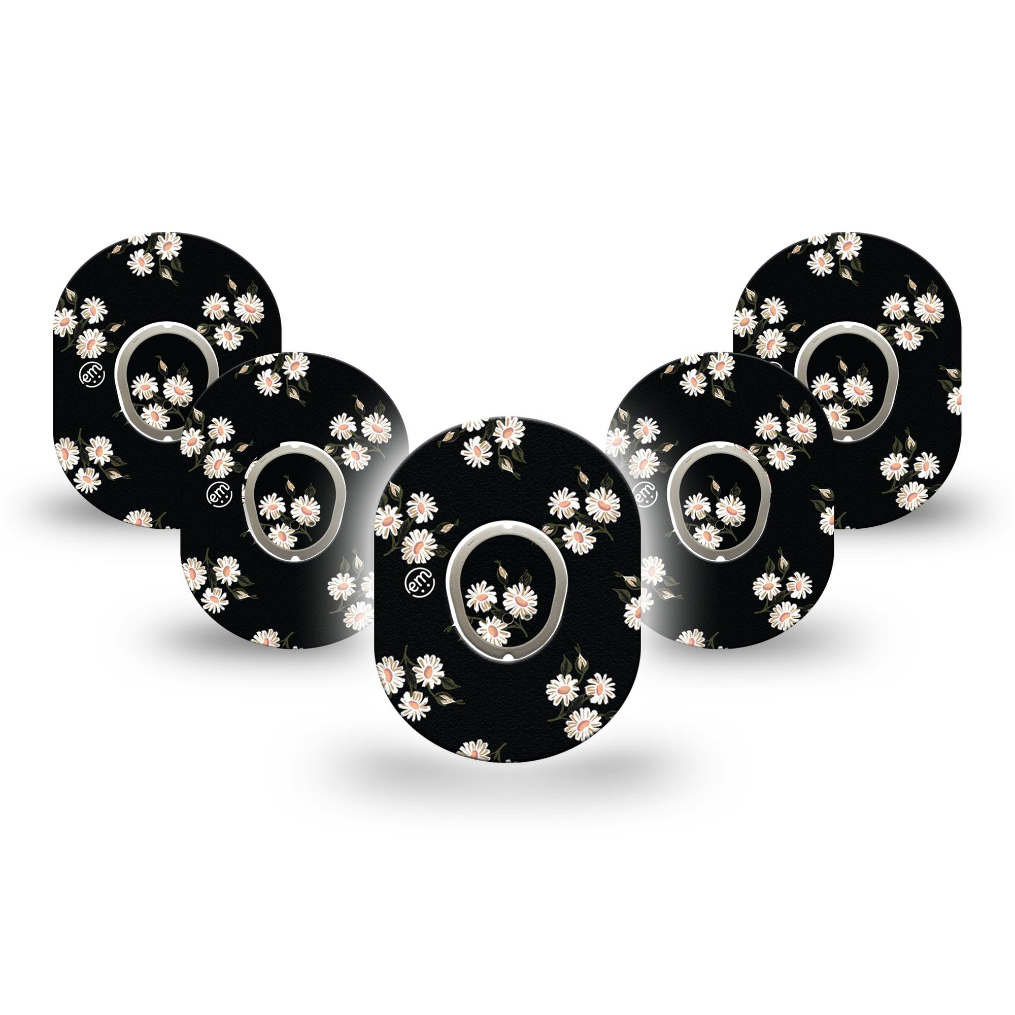 ExpressionMed Black Daisies Dexcom G7 Mini Tape, Dexcom Stelo Glucose Biosensor System, 5-Pack Tape and 5-Pack Sticker White Daisy Black Print, Patch Continuous Glucose Monitor Design