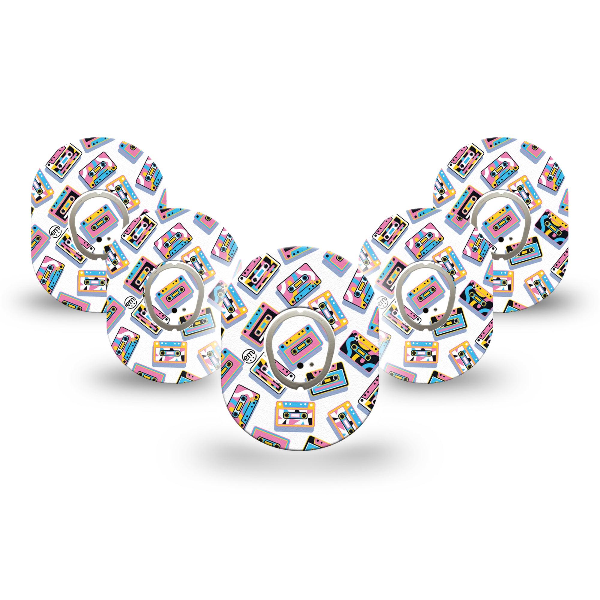 ExpressionMed Vintage Music Tapes Dexcom G7 Mini Tape, Dexcom Stelo Glucose Biosensor System, 5-Pack Tape and 5-Pack Sticker Funky Bright Music Tapes, Adhesive Tape CGM Design