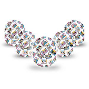 ExpressionMed Vintage Music Tapes Dexcom G7 Mini Tape, Dexcom Stelo Glucose Biosensor System, 5-Pack Tape and 5-Pack Sticker Funky Bright Music Tapes, Adhesive Tape CGM Design