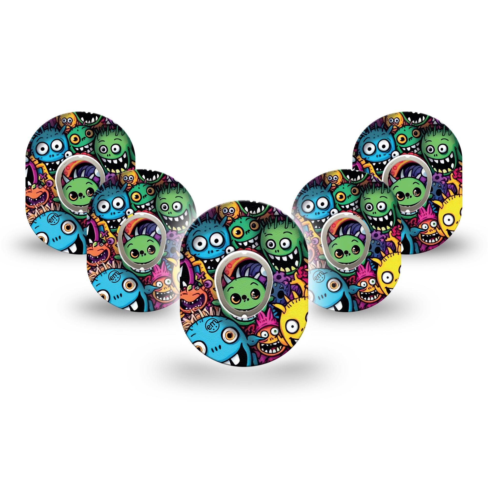 ExpressionMed Funky Monsters Dexcom G7 Mini Tape, Dexcom Stelo Glucose Biosensor System, 5-Pack Tape and 5-Pack Sticker Bright Scary Fun Monsters, Patch Continuous Glucose Monitor Design