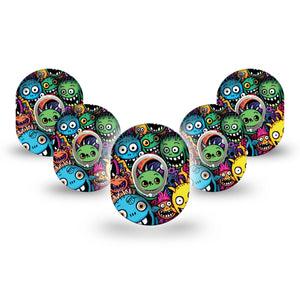 ExpressionMed Funky Monsters Dexcom G7 Mini Tape, Dexcom Stelo Glucose Biosensor System, 5-Pack Tape and 5-Pack Sticker Bright Scary Fun Monsters, Patch Continuous Glucose Monitor Design