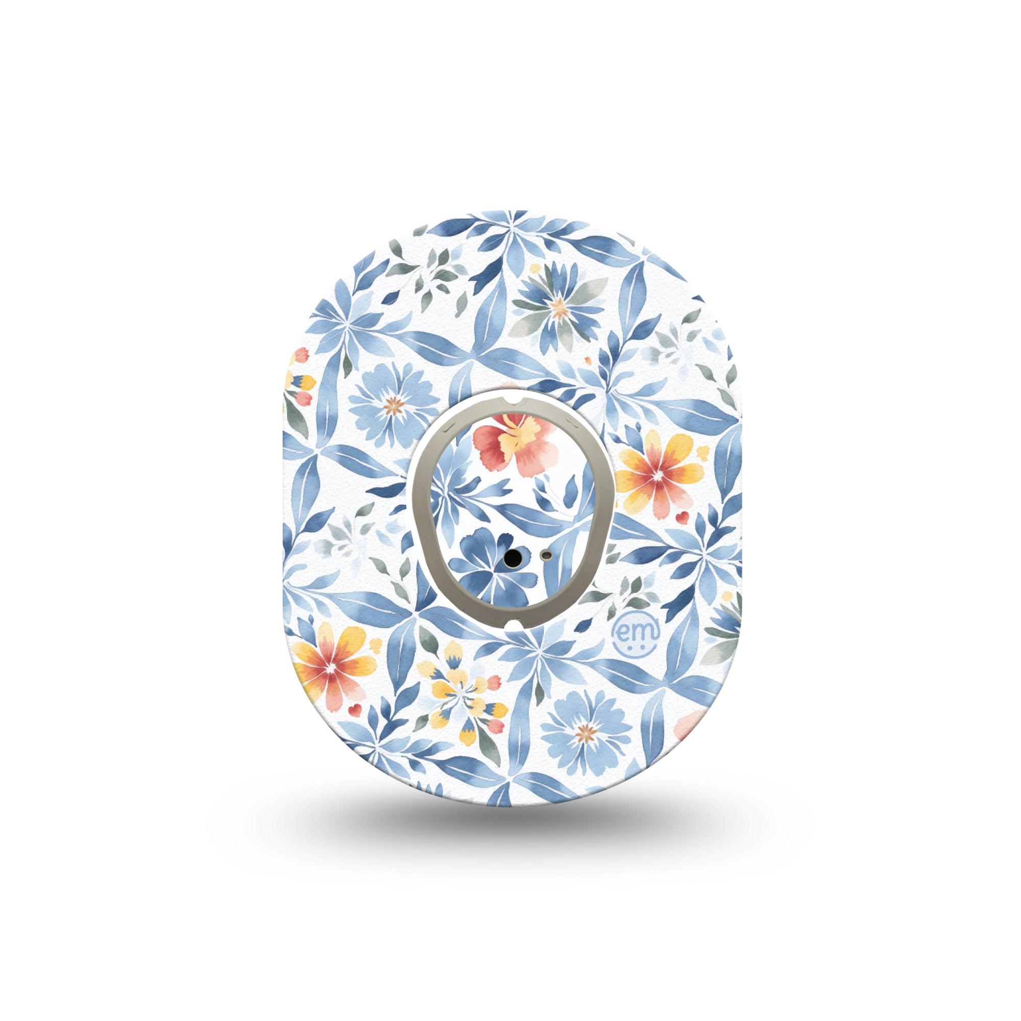 ExpressionMed Blue and Yellow Tile Dexcom G7 Mini Tape, Dexcom Stelo Glucose Biosensor System, Single Tape and Single Sticker Airy Blue Floral Tiles, Adhesive Tape CGM Design