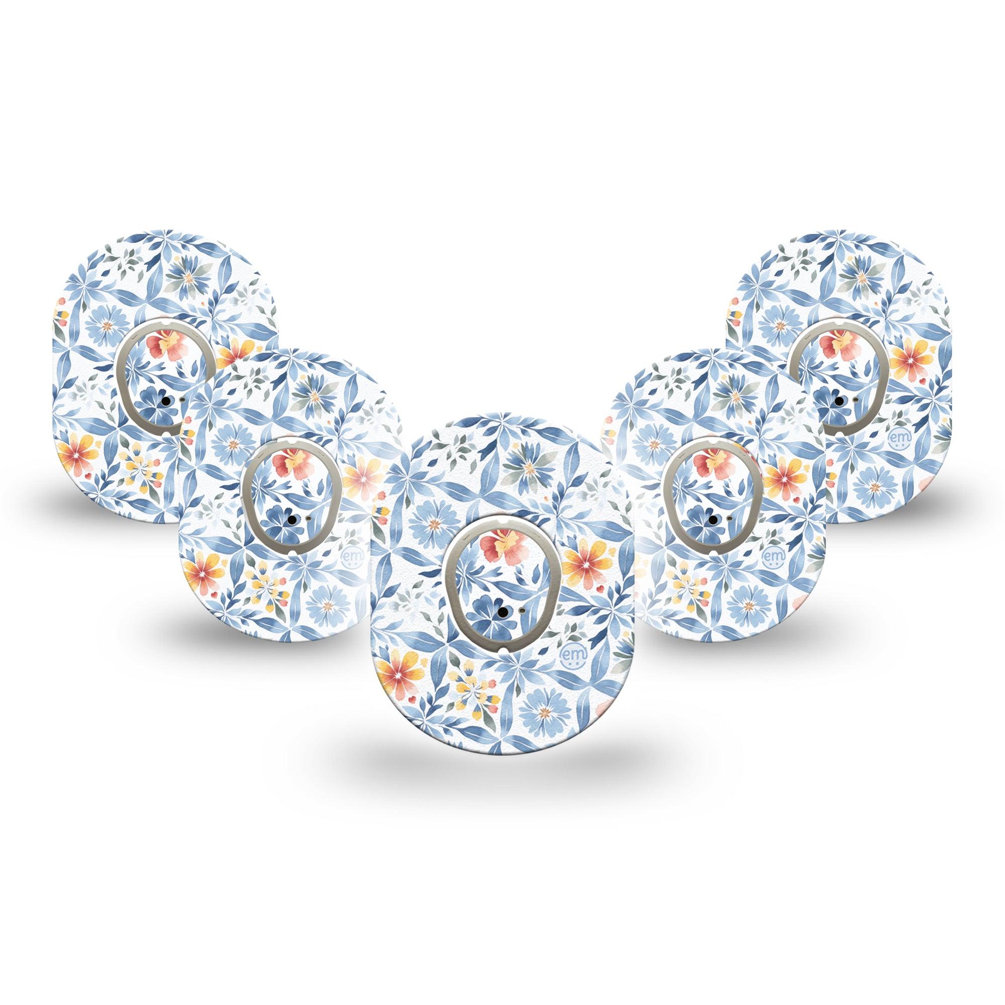 ExpressionMed Blue and Yellow Tile Dexcom G7 Mini Tape, Dexcom Stelo Glucose Biosensor System, 5-Pack Tape and 5-Pack Sticker Spring Floral Porcelain Tile Inspired, Adhesive Tape CGM Design