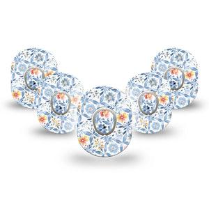 ExpressionMed Blue and Yellow Tile Dexcom G7 Mini Tape, Dexcom Stelo Glucose Biosensor System, 5-Pack Tape and 5-Pack Sticker Spring Floral Porcelain Tile Inspired, Adhesive Tape CGM Design