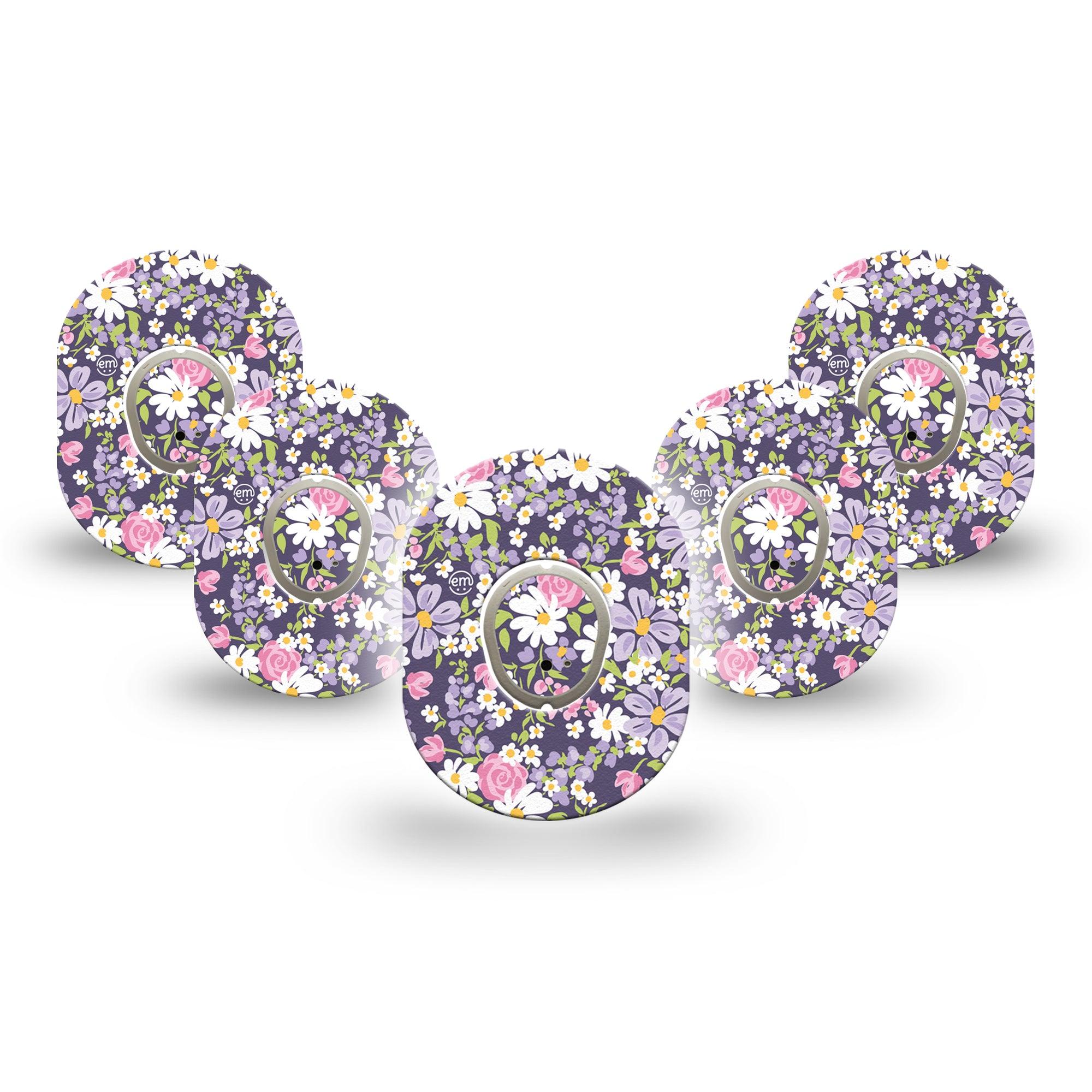 ExpressionMed Purple and Pink Flowers Dexcom G7 Mini Tape, Dexcom Stelo Glucose Biosensor System, 5-Pack Tape and 5-Pack Sticker Cute Rose Daisy Blossoms, Patch Continuous Glucose Monitor Design