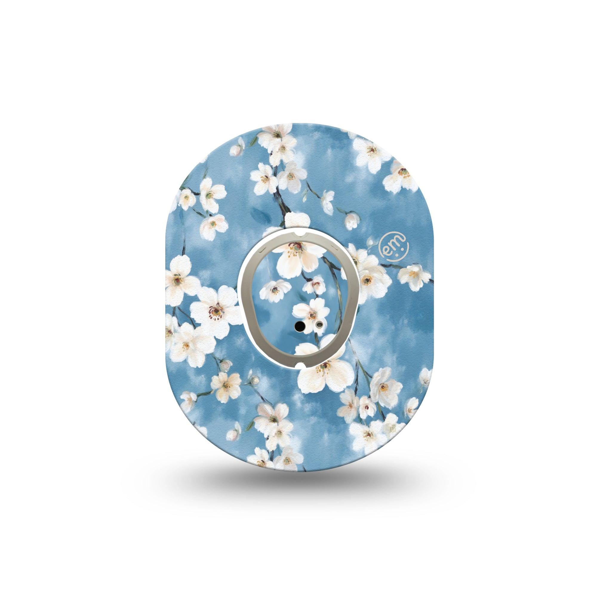 ExpressionMed Cherry Blossom Dexcom G7 Mini Tape, Dexcom Stelo Glucose Biosensor System, Single Tape and Single Sticker Limewash Painted White Blooms, Patch Continuous Glucose Monitor Design