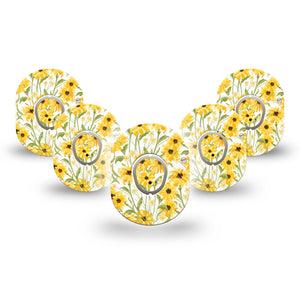 ExpressionMed Yellow Mosaic Floral Dexcom G7 Mini Tape, Dexcom Stelo Glucose Biosensor System, 5-Pack Tape and 5-Pack Sticker Mustard Yellow Flower Plants, Adhesive Tape CGM Design