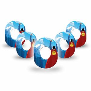 ExpressionMed Super Man Dexcom G7 Mini Tape, Dexcom Stelo Glucose Biosensor System, 5-Pack Tape Caped Hero, Patch Continuous Glucose Monitor Design