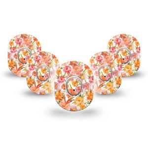ExpressionMed Peach Dusk Dexcom G7 Mini Tape, Dexcom Stelo Glucose Biosensor System, 5-Pack Tape and 5-Pack Sticker Charming Pink Orange Flowers, Patch Continuous Glucose Monitor Design