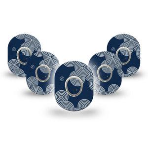 ExpressionMed Blue Swirls Dexcom G7 Mini Tape, Dexcom Stelo Glucose Biosensor System, 5-Pack Tape and 5-Pack Sticker Navy Blue White Swirls, Patch Continuous Glucose Monitor Design