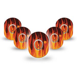 ExpressionMed Roarin' Flame Dexcom G7 Mini Tape, Dexcom Stelo Glucose Biosensor System, 5-Pack Tape and 5-Pack Sticker Burning Flame Themed, Plaster Continuous Glucose Monitor Design