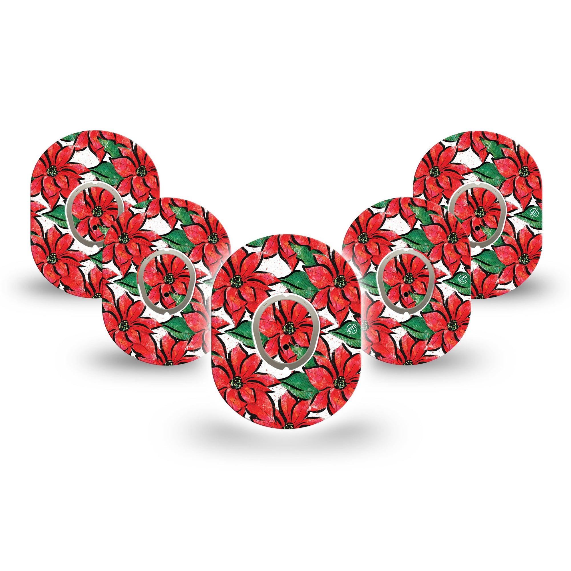 ExpressionMed Poinsettia Dexcom G7 Mini Tape, Dexcom Stelo Glucose Biosensor System, 5-Pack Tape and 5-Pack Sticker, Christmas Poinsettia, Patch Continuous Glucose Monitor Design