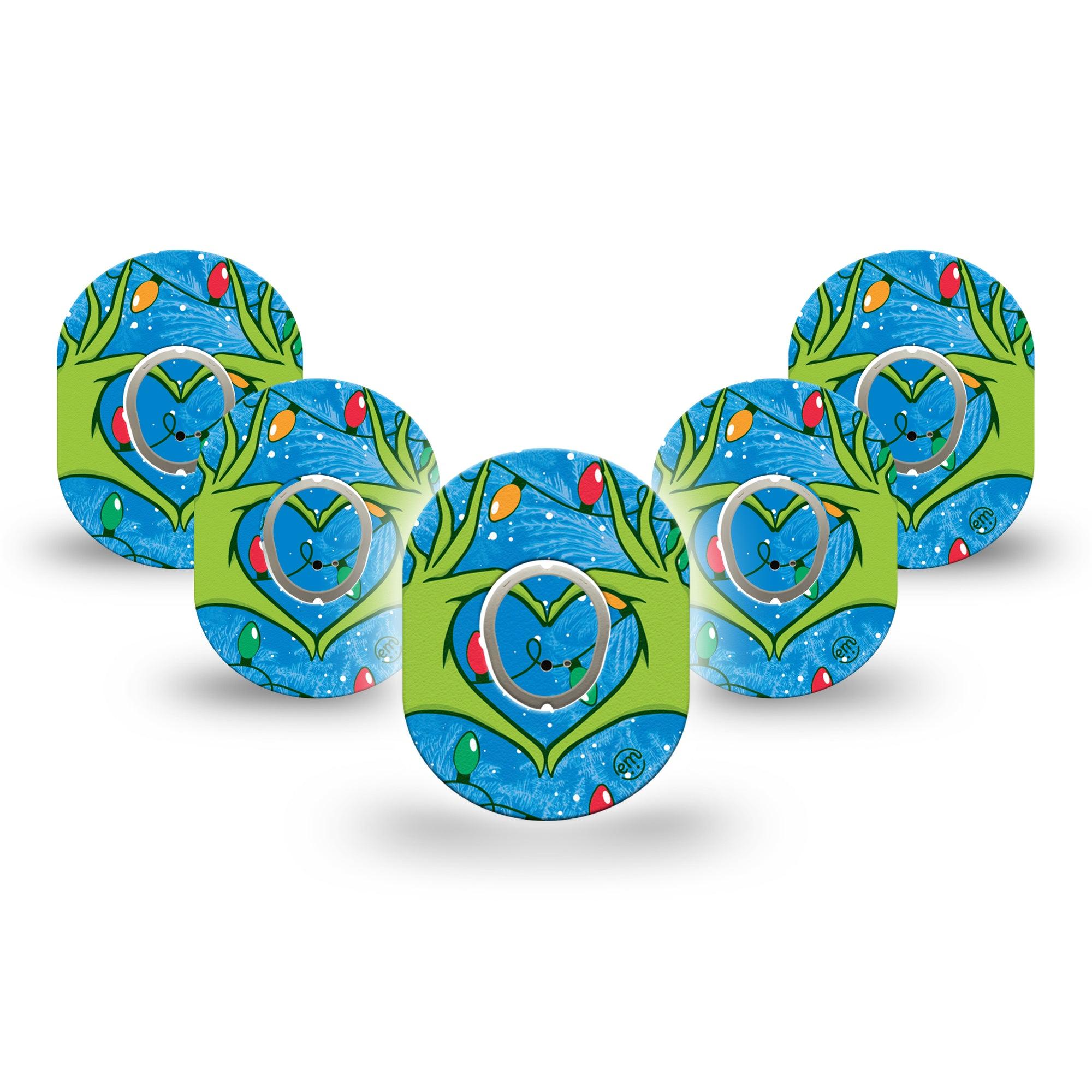 ExpressionMed Holiday Heart Hands Dexcom G7 Mini Tape, Dexcom Stelo Glucose Biosensor System, 5-Pack Tape and 5-Pack Sticker Grumpy Heart Sign, Patch Continuous Glucose Monitor Design