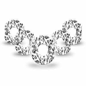 ExpressionMed Custom Black and White Floral Dexcom G7 Mini Tape 5-Pack Classical Florals, Fixing Ring Patch Design, Dexcom Stelo Glucose Biosensor System