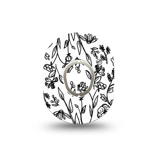 ExpressionMed Custom Black and White Floral Dexcom G7 Mini Tape, Dexcom Stelo Glucose Biosensor System, Single Tape and Single Sticker Unique Blossoms, Patch Continuous Glucose Monitor Design