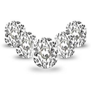 ExpressionMed Custom Black and White Floral Dexcom G7 Mini Tape, Dexcom Stelo Glucose Biosensor System, 5-Pack Tape and 5-Pack Sticker Artistic Florals, Patch Continuous Glucose Monitor Design