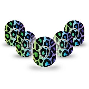 ExpressionMed Multicolored Cheetah Print Dexcom G7 Mini Tape, Dexcom Stelo Glucose Biosensor System, 5-Pack Tape and 5-Pack Sticker, Vibrant Colored Animal Skin, Patch Continuous Glucose Monitor Design