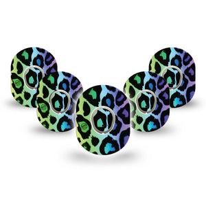 ExpressionMed Multicolored Cheetah Print Dexcom G7 Mini Tape, Dexcom Stelo Glucose Biosensor System, 5-Pack Tape and 5-Pack Sticker, Vibrant Colored Animal Skin, Patch Continuous Glucose Monitor Design