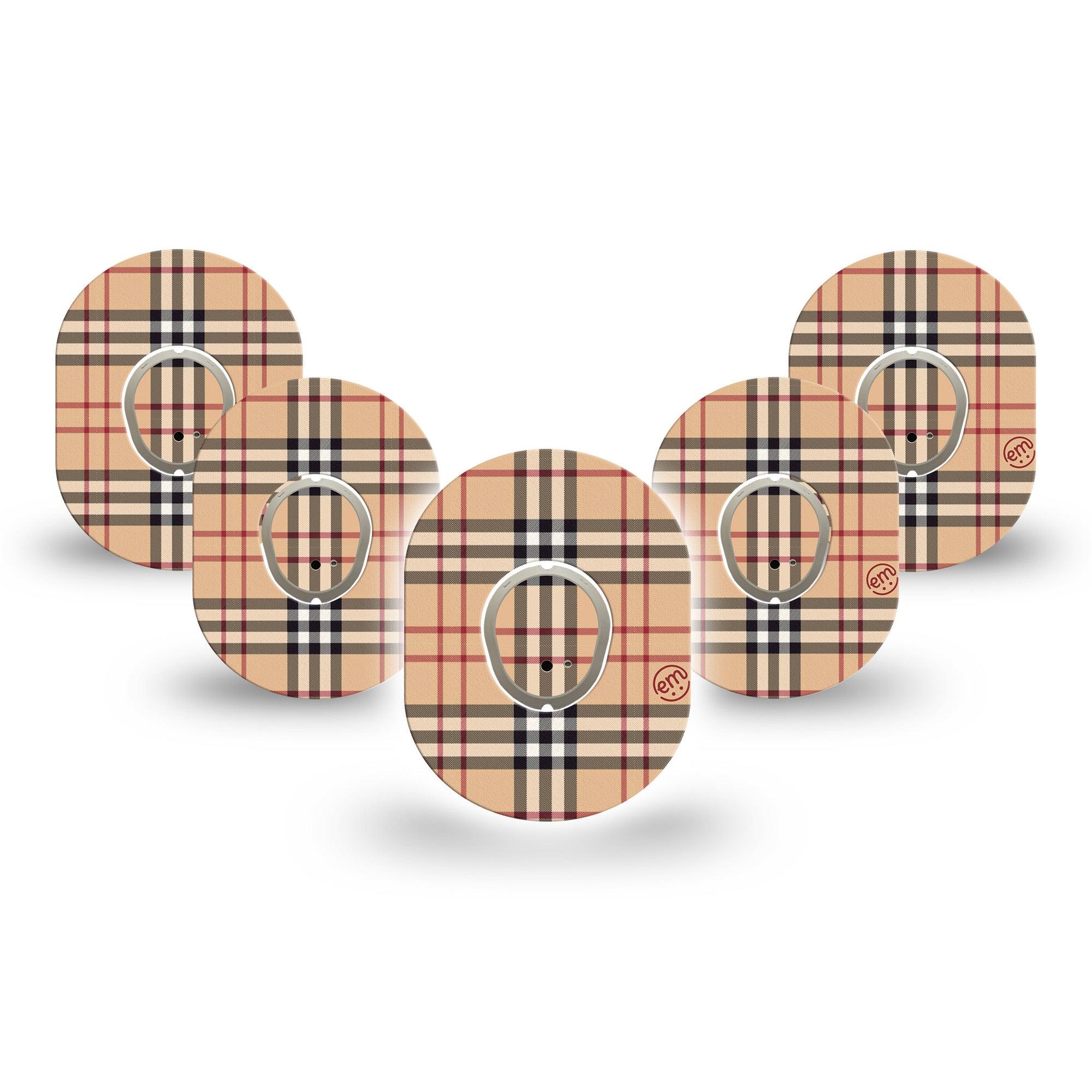 ExpressionMed Plaid and Bougie Dexcom G7 Mini Tape, Dexcom Stelo Glucose Biosensor System, 5-Pack Tape and 5-Pack Sticker, Burberry Themed, Patch Continuous Glucose Monitor Design