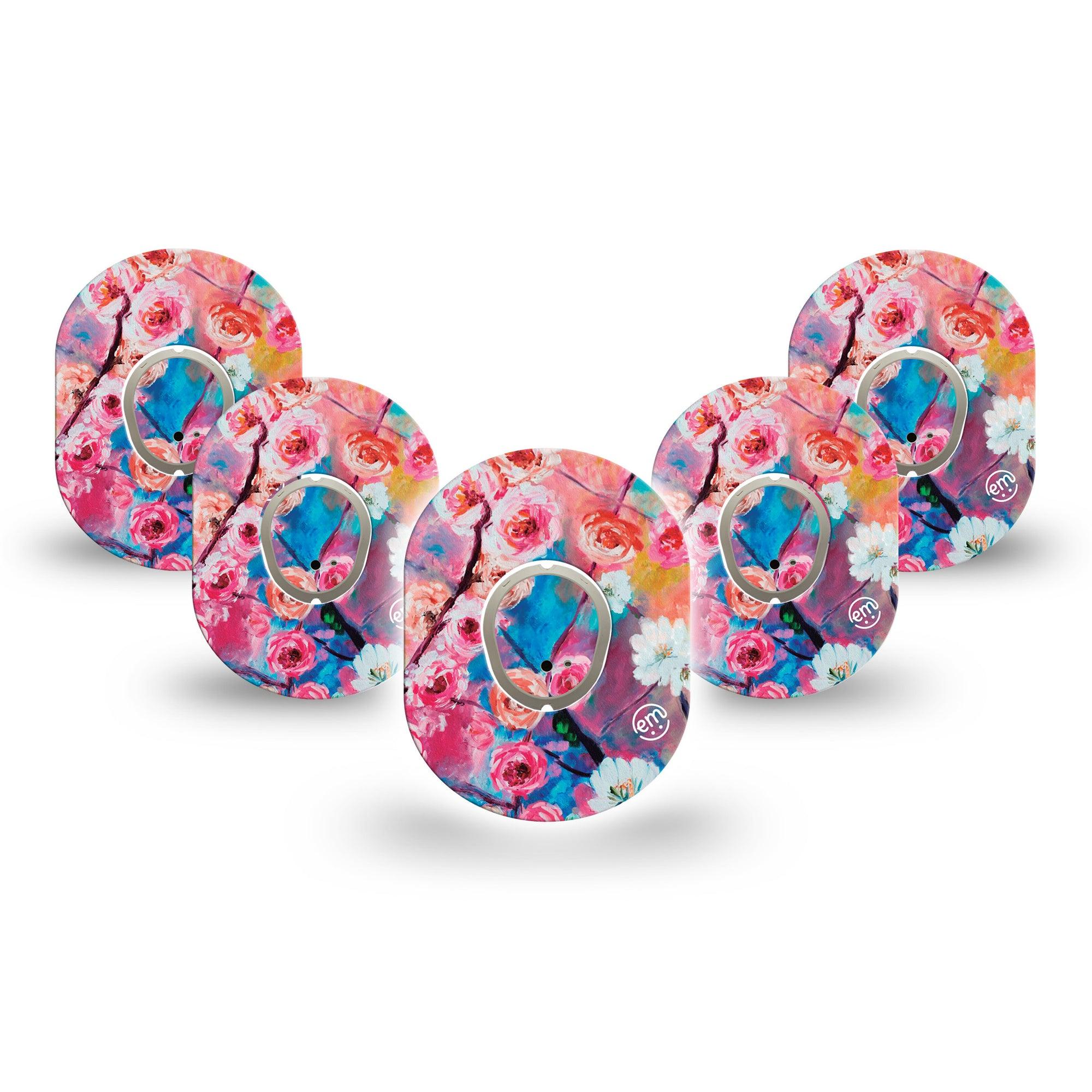 ExpressionMed Branching Out Dexcom G7 Mini Tape, Dexcom Stelo Glucose Biosensor System, 5-Pack Tape and 5-Pack Sticker, Cherry Blossom Themed, Patch Continuous Glucose Monitor Design