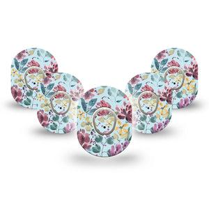 ExpressionMed Botanical Blooms Dexcom G7 Mini Tape, Dexcom Stelo Glucose Biosensor System, 5-Pack Tape and 5-Pack Sticker, Blue and Pink Floral, Patch Continuous Glucose Monitor Design