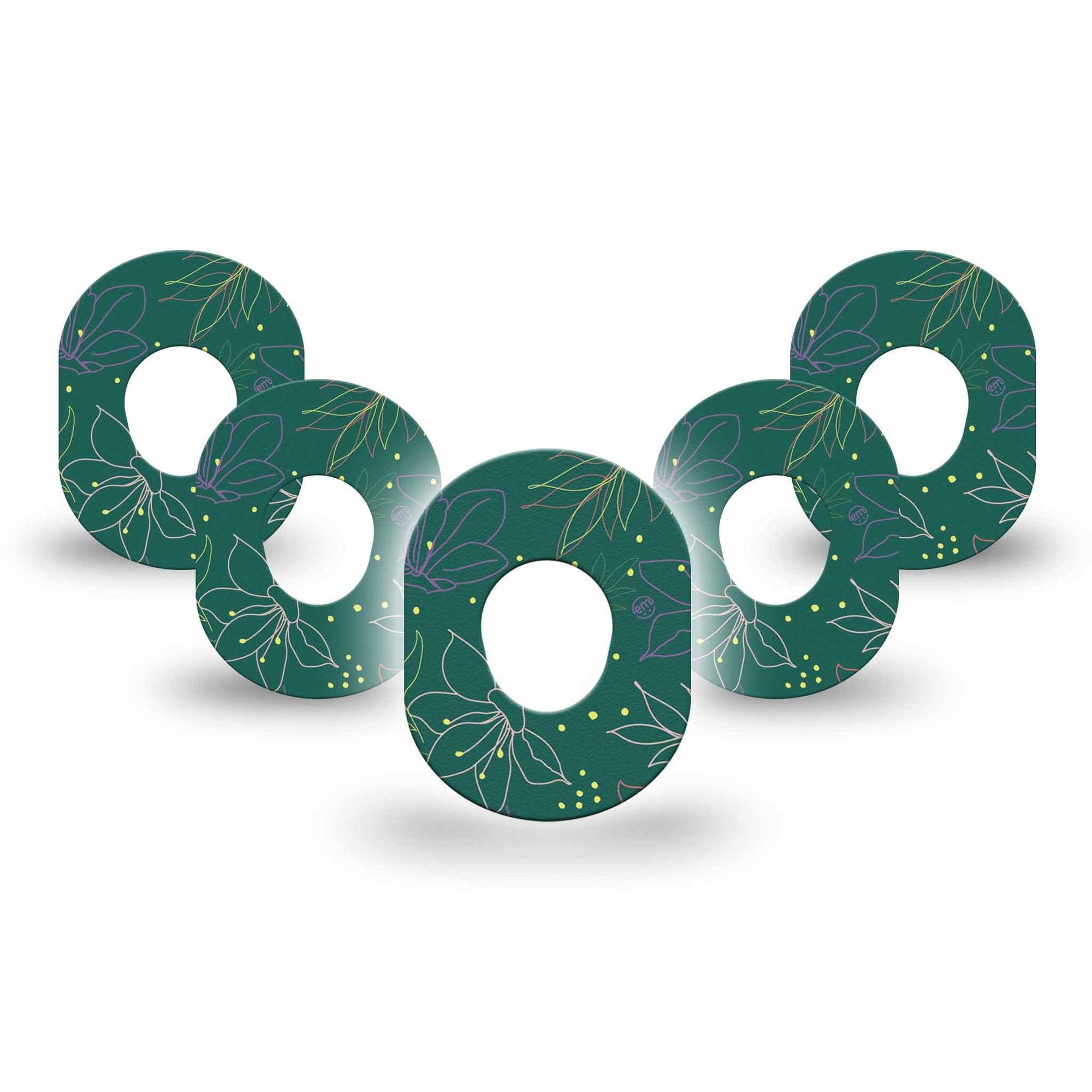 ExpressionMed Graphic Petals Dexcom G7 Mini Tapegreen floral linework themed adhesive tape design, Dexcom Stelo Glucose Biosensor System 5-Pack