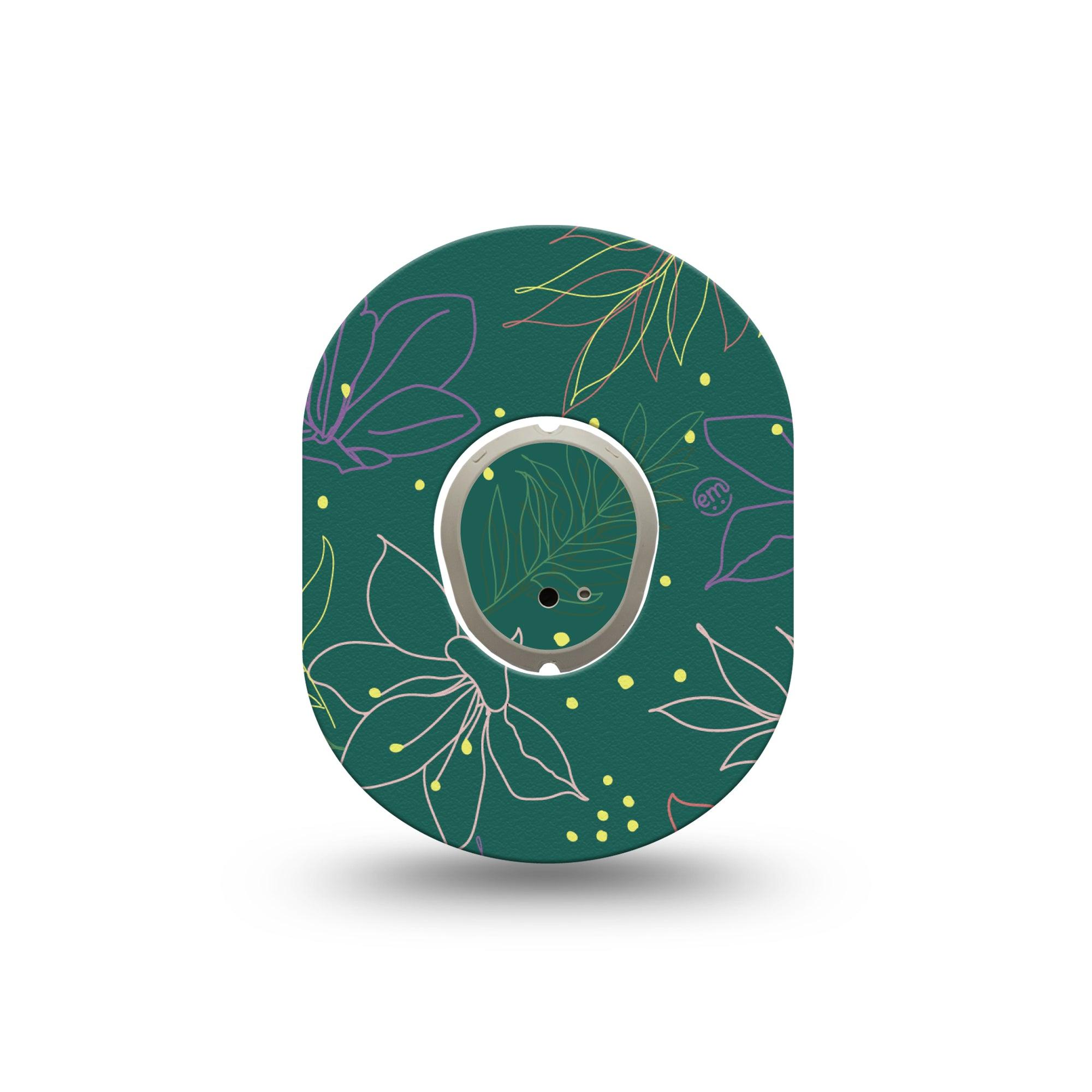 ExpressionMed Graphic Petals Dexcom G7 Mini Tapegreen floral linework themed adhesive tape design, Dexcom Stelo Glucose Biosensor System with center sticker