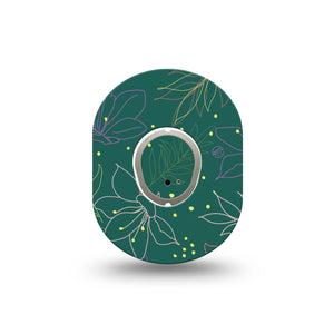 ExpressionMed Graphic Petals Dexcom G7 Mini Tapegreen floral linework themed adhesive tape design, Dexcom Stelo Glucose Biosensor System with center sticker
