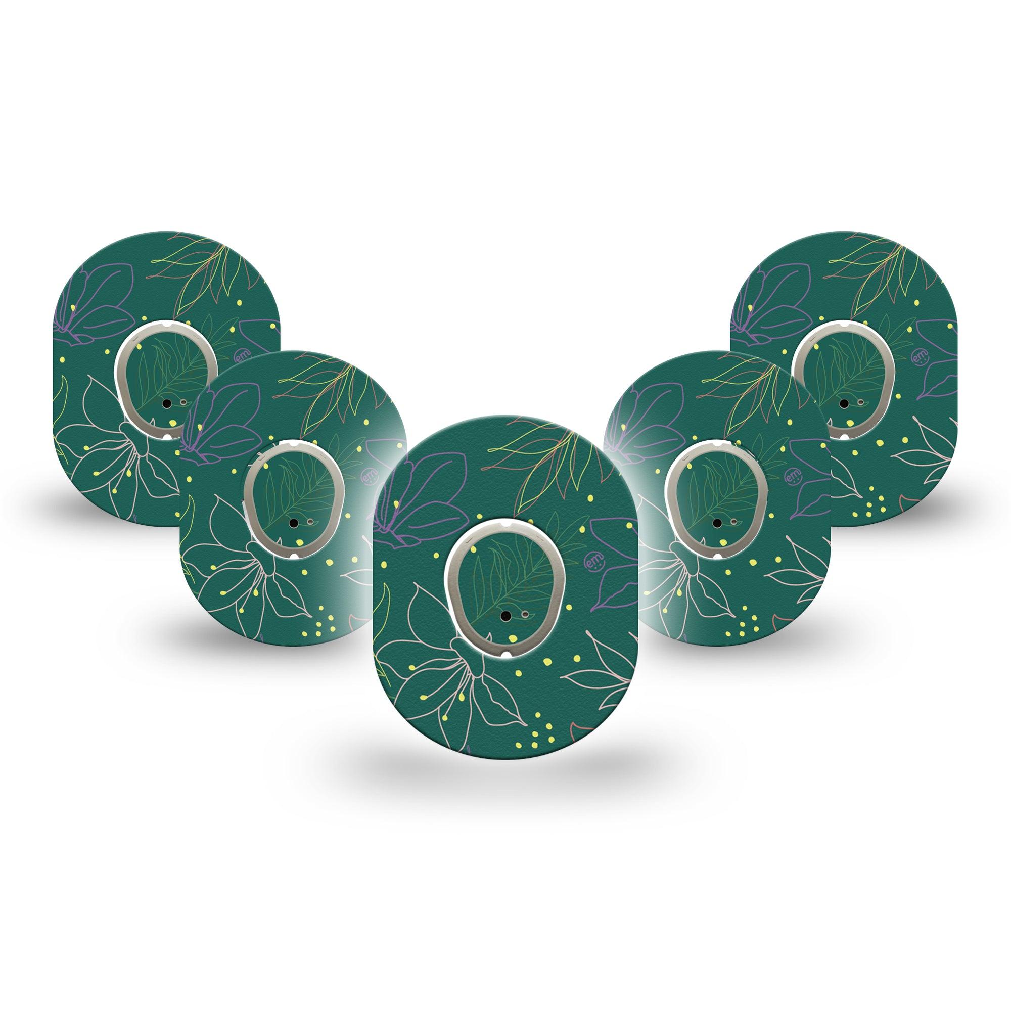 ExpressionMed Graphic Petals Dexcom G7 Mini Tapegreen floral linework themed adhesive tape design, Dexcom Stelo Glucose Biosensor System 5-Pack with center stickers