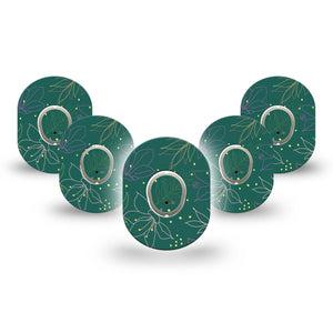 ExpressionMed Graphic Petals Dexcom G7 Mini Tapegreen floral linework themed adhesive tape design, Dexcom Stelo Glucose Biosensor System 5-Pack with center stickers