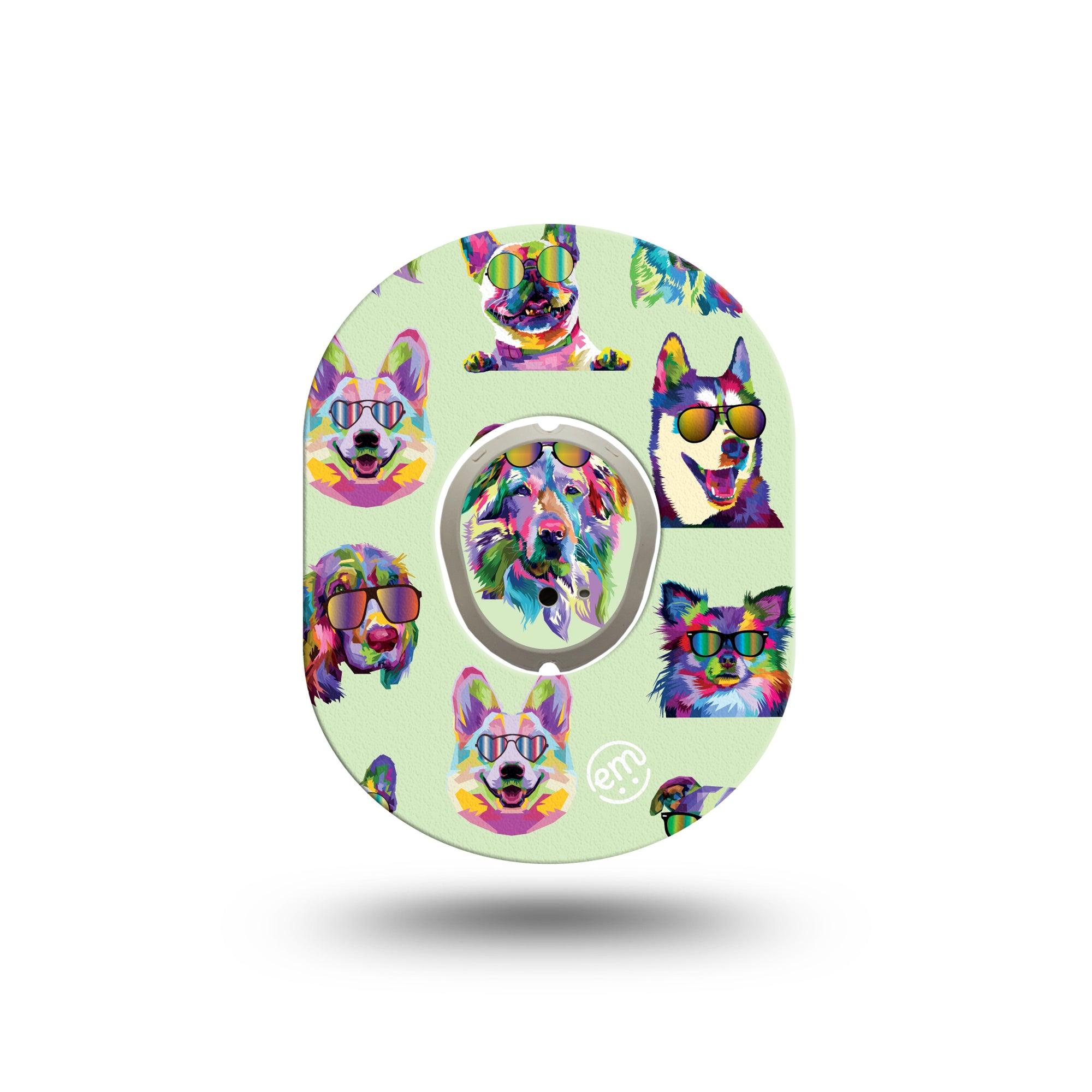 ExpressionMed Dog Party Dexcom G7 Mini Tape, Dexcom Stelo Glucose Biosensor System, Single Tape and Single Sticker, Rainbow Dog, Patch Continuous Glucose Monitor Design