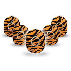ExpressionMed, Tiger Dexcom G7 Mini Tape, 5-Pack, jungle king patch design, Dexcom Stelo Glucose Biosensor System with center stickers