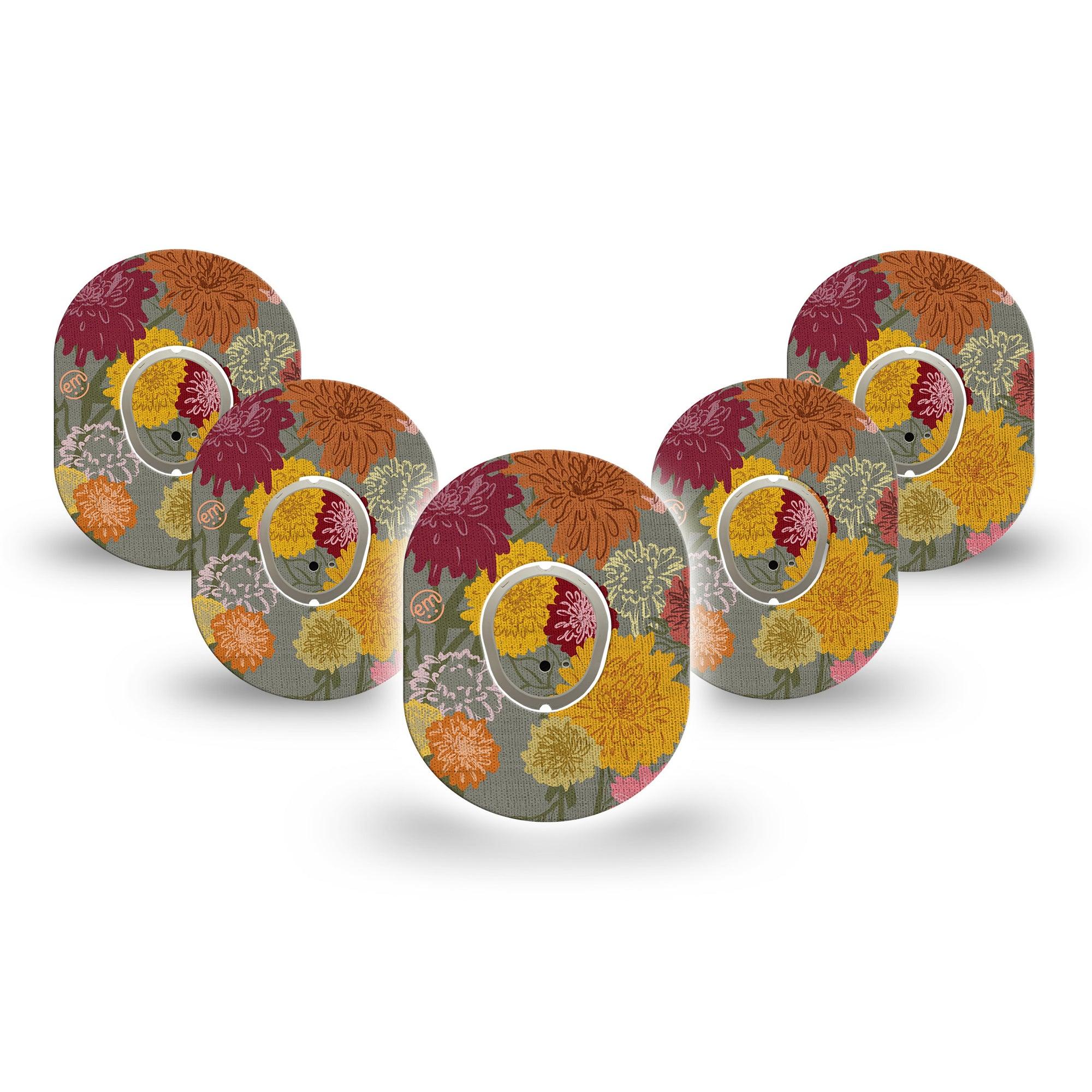 ExpressionMed Chrysanthemums Dexcom G7 Mini Tape, Dexcom Stelo Glucose Biosensor System, 5-Pack Tape and 5-Pack Sticker, Fall Flowers, Patch Continuous Glucose Monitor Design