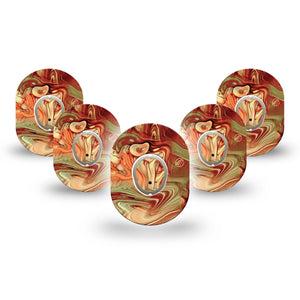 ExpressionMed Rustic Marble Dexcom G7 Mini Tape, Dexcom Stelo Glucose Biosensor System, 5-Pack Tape and 5-Pack Sticker, Dark Orange Swirls, Patch Continuous Glucose Monitor Design