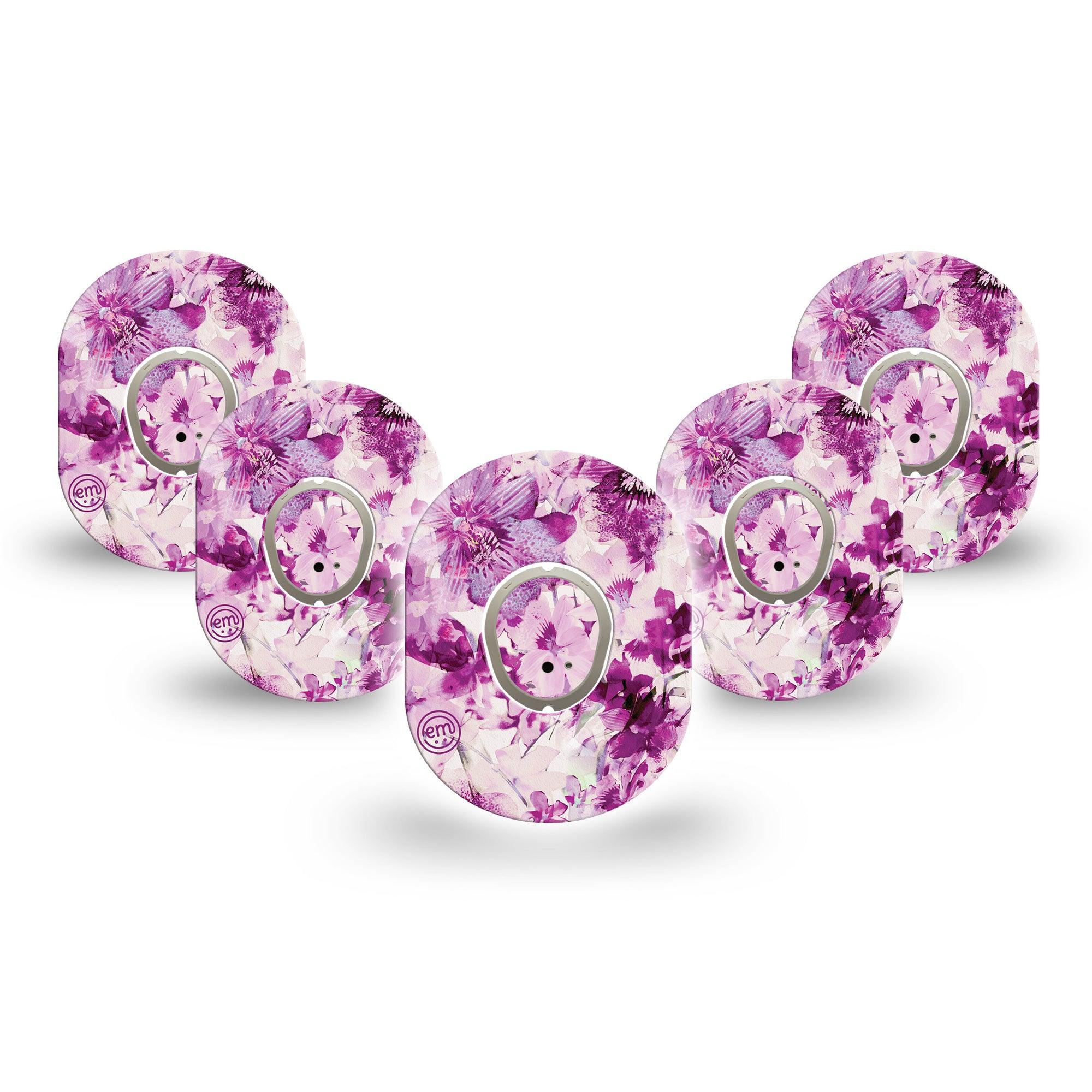 ExpressionMed Violet Orchids Dexcom G7 Mini Tape, Dexcom Stelo Glucose Biosensor System, 5-Pack Tape and 5-Pack Sticker, Purple Flowers, Patch Continuous Glucose Monitor Design