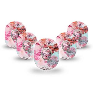 ExpressionMed Whimsical Blossoms Dexcom G7 Mini Tape, Dexcom Stelo Glucose Biosensor System, 5-Pack Tape and 5-Pack Sticker, Pink and Blue, Patch Continuous Glucose Monitor Design