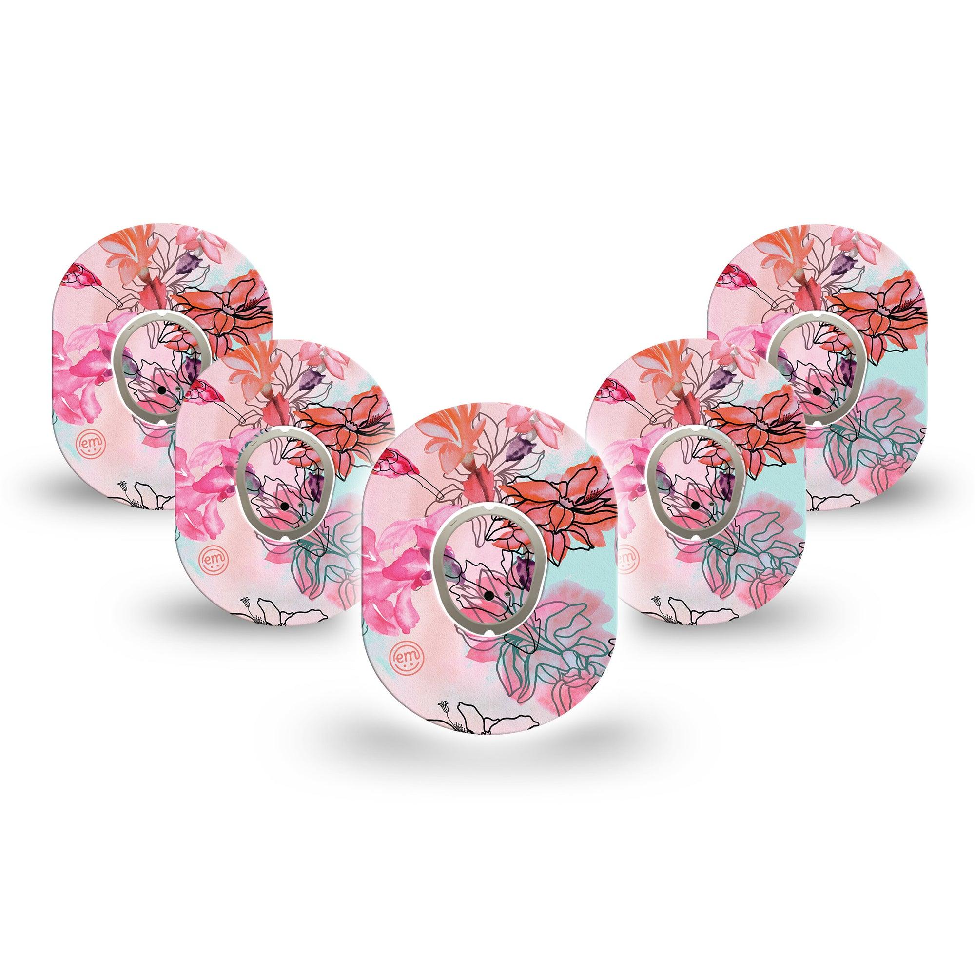 ExpressionMed Whimsical Blossoms Dexcom G7 Mini Tape, Dexcom Stelo Glucose Biosensor System, 5-Pack Tape and 5-Pack Sticker, Pink and Blue, Patch Continuous Glucose Monitor Design