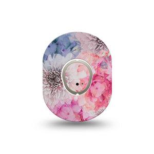 ExpressionMed Bloom Town Dexcom G7 Mini Tape, Dexcom Stelo Glucose Biosensor System, Single Tape and Single Sticker, Pink and Blue Dahlia Design, Patch Continuous Glucose Monitor Design