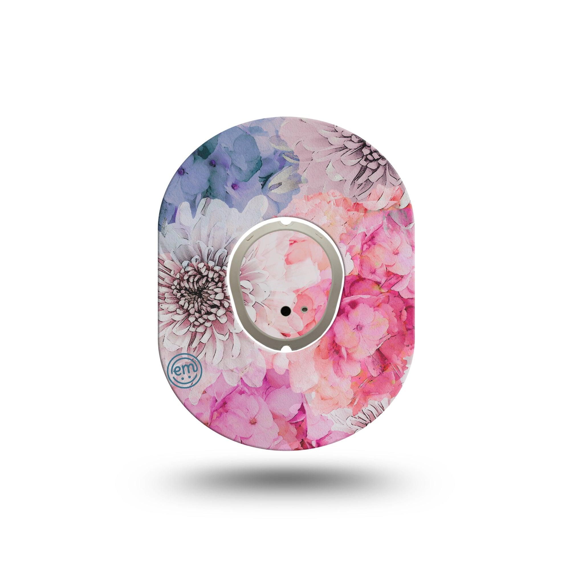 ExpressionMed Bloom Town Dexcom G7 Mini Tape, Dexcom Stelo Glucose Biosensor System, Single Tape and Single Sticker, Pink and Blue Dahlia Design, Patch Continuous Glucose Monitor Design
