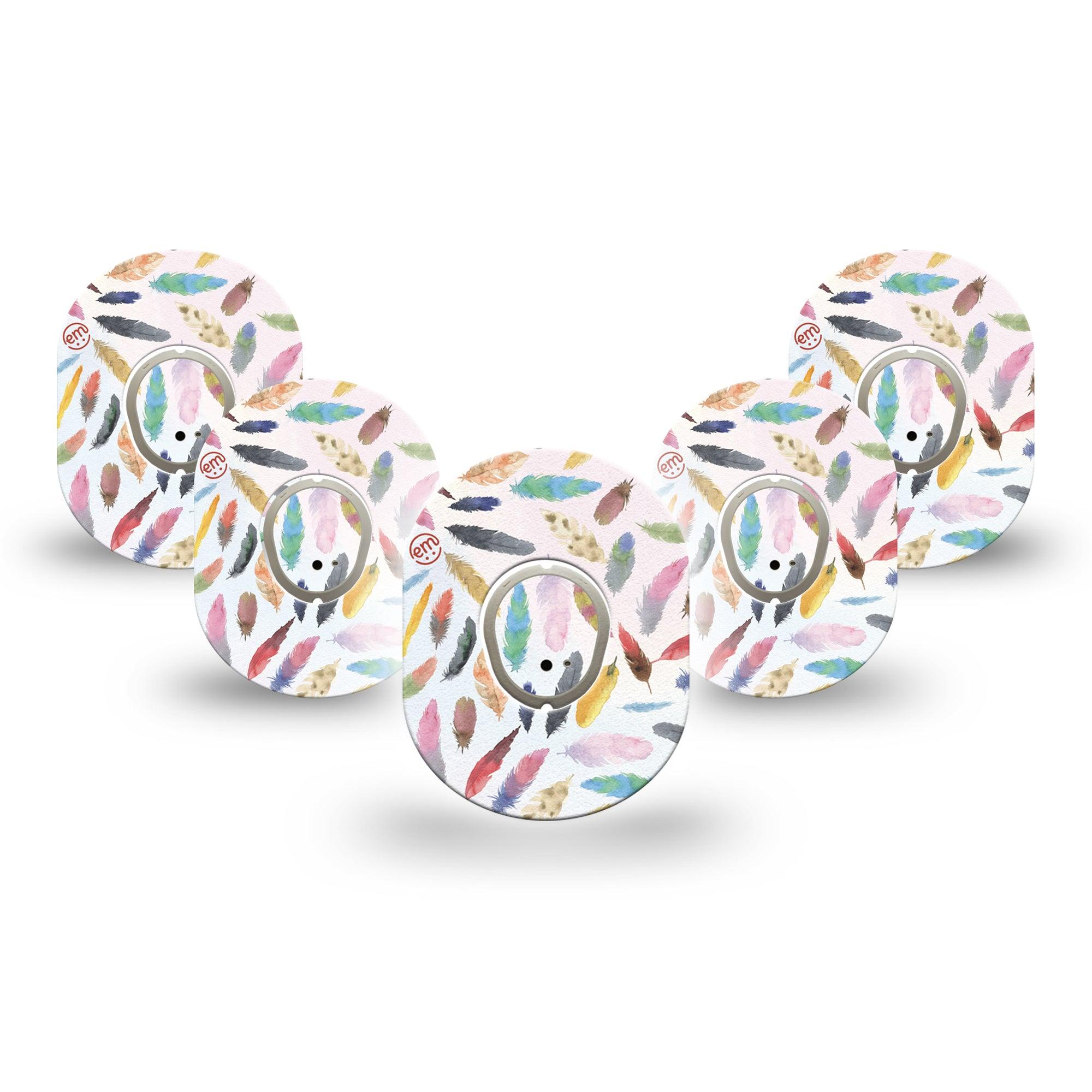 ExpressionMed Feathers Dexcom G7 Mini Tape, Dexcom Stelo Glucose Biosensor System, 5-Pack Tape and 5-Pack Sticker, Pastel Colored Feathers, Patch Continuous Glucose Monitor Design