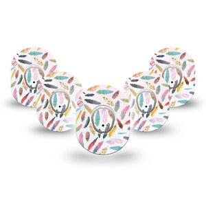 ExpressionMed Feathers Dexcom G7 Mini Tape, Dexcom Stelo Glucose Biosensor System, 5-Pack Tape and 5-Pack Sticker, Pastel Colored Feathers, Patch Continuous Glucose Monitor Design